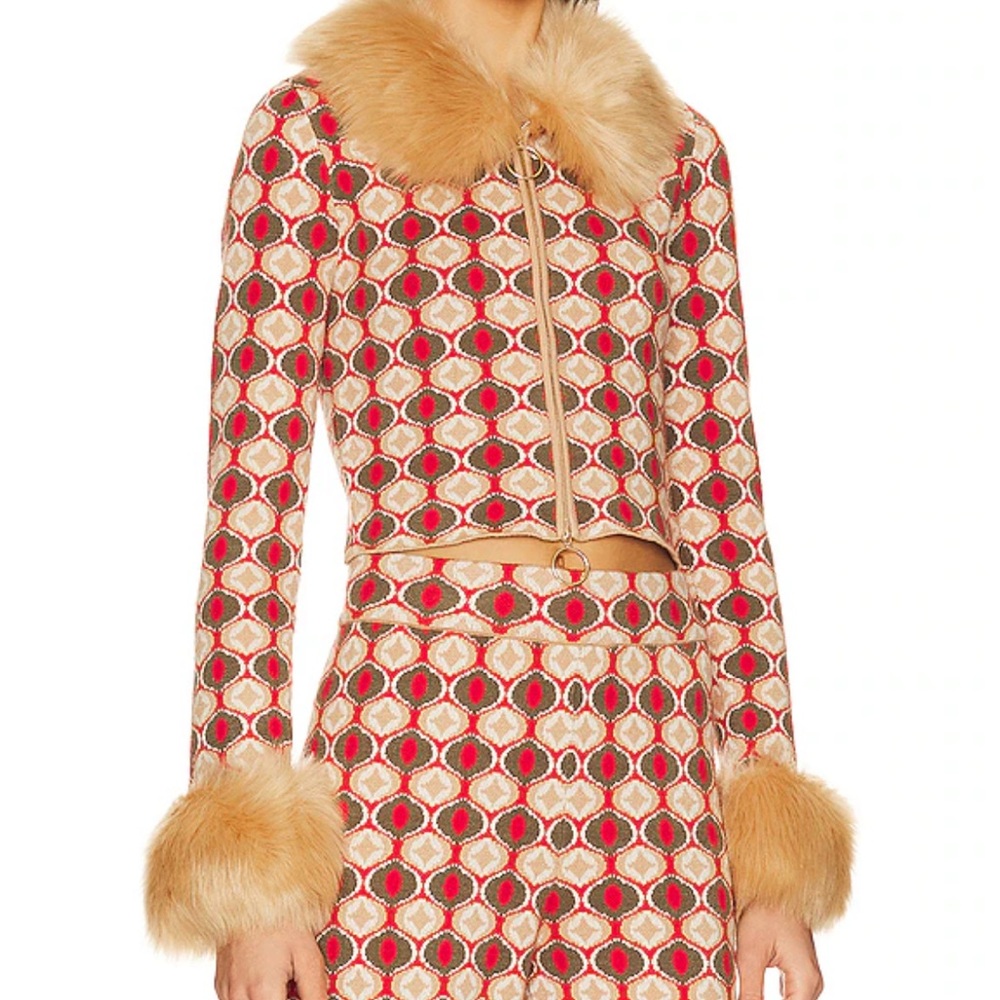 Zermatt faux fur zip up in brown geo jacquard